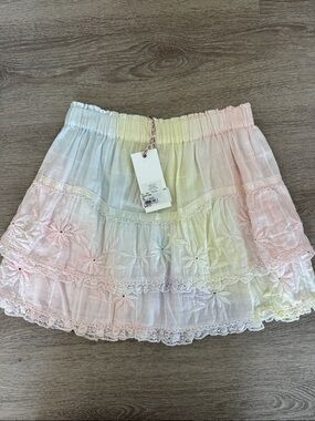 LoveShackFancy Pastel Pink, Yellow & Light Blue Tiered Lace Mini Skirt